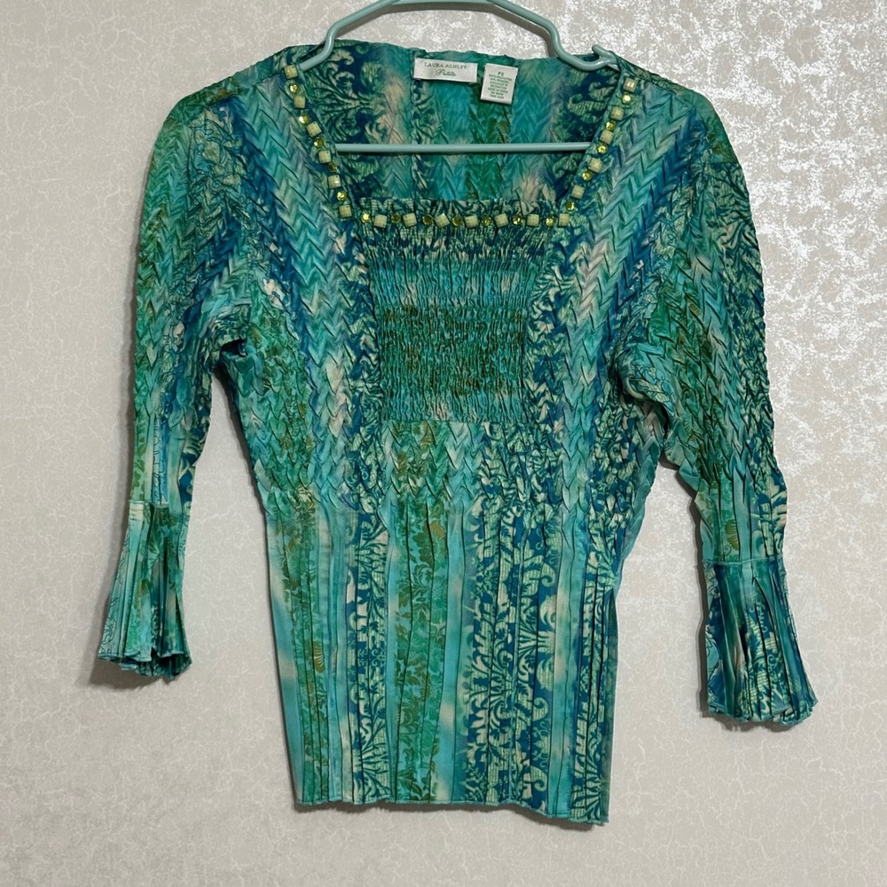 Laura Ashley Beaded Crinkle‎ Popcorn Top Abstract Print Green Blue Y2K Whimsy PS